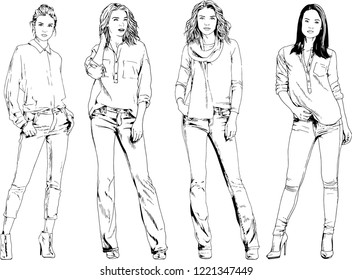 vector drawings on the theme of beautiful slim sporty girl in casual clothes in various poses painted ink hand sketch with no background
