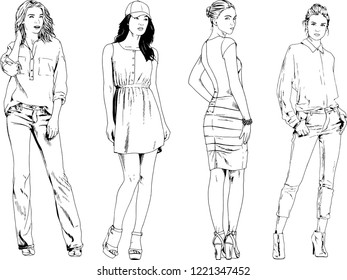 vector drawings on the theme of beautiful slim sporty girl in casual clothes in various poses painted ink hand sketch with no background