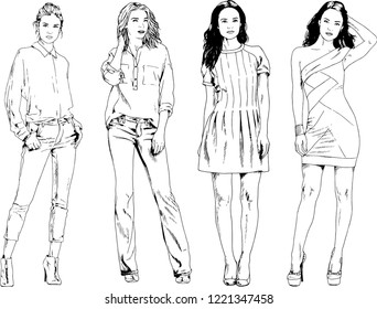 vector drawings on the theme of beautiful slim sporty girl in casual clothes in various poses painted ink hand sketch with no background