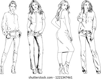 vector drawings on the theme of beautiful slim sporty girl in casual clothes in various poses painted ink hand sketch with no background