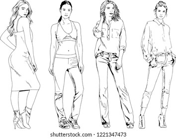 vector drawings on the theme of beautiful slim sporty girl in casual clothes in various poses painted ink hand sketch with no background