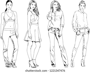 vector drawings on the theme of beautiful slim sporty girl in casual clothes in various poses painted ink hand sketch with no background