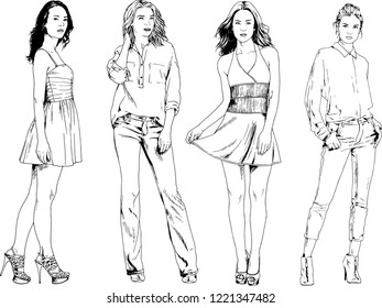 vector drawings on the theme of beautiful slim sporty girl in casual clothes in various poses painted ink hand sketch with no background