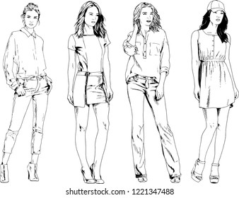 vector drawings on the theme of beautiful slim sporty girl in casual clothes in various poses painted ink hand sketch with no background