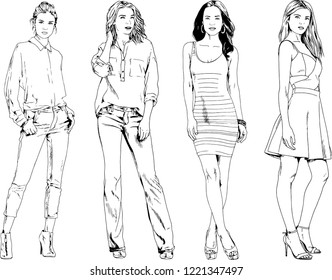 vector drawings on the theme of beautiful slim sporty girl in casual clothes in various poses painted ink hand sketch with no background