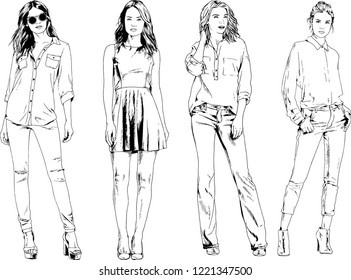 vector drawings on the theme of beautiful slim sporty girl in casual clothes in various poses painted ink hand sketch with no background
