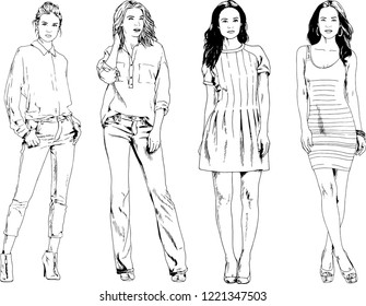 vector drawings on the theme of beautiful slim sporty girl in casual clothes in various poses painted ink hand sketch with no background