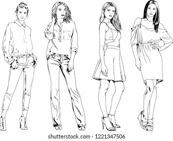 vector drawings on the theme of beautiful slim sporty girl in casual clothes in various poses painted ink hand sketch with no background