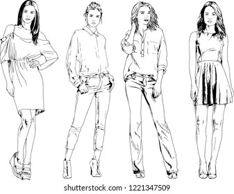 vector drawings on the theme of beautiful slim sporty girl in casual clothes in various poses painted ink hand sketch with no background