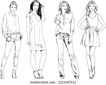 vector drawings on the theme of beautiful slim sporty girl in casual clothes in various poses painted ink hand sketch with no background