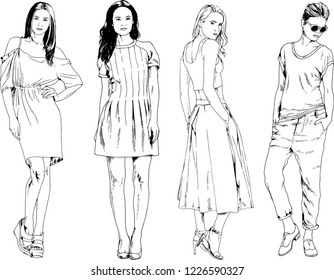 vector drawings on the theme of beautiful slim sporty girl in casual clothes in various poses painted ink hand sketch with no background