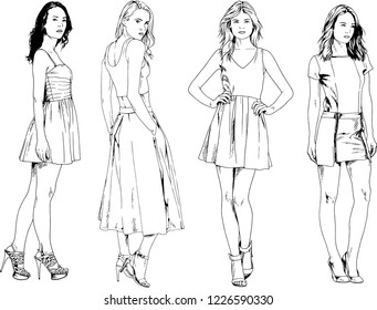 vector drawings on the theme of beautiful slim sporty girl in casual clothes in various poses painted ink hand sketch with no background