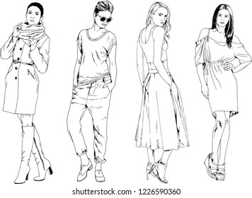 vector drawings on the theme of beautiful slim sporty girl in casual clothes in various poses painted ink hand sketch with no background
