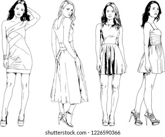 vector drawings on the theme of beautiful slim sporty girl in casual clothes in various poses painted ink hand sketch with no background