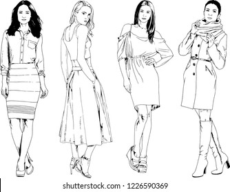 vector drawings on the theme of beautiful slim sporty girl in casual clothes in various poses painted ink hand sketch with no background