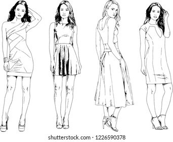 vector drawings on the theme of beautiful slim sporty girl in casual clothes in various poses painted ink hand sketch with no background
