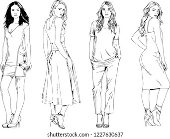 vector drawings on the theme of beautiful slim sporty girl in casual clothes in various poses painted ink hand sketch with no background