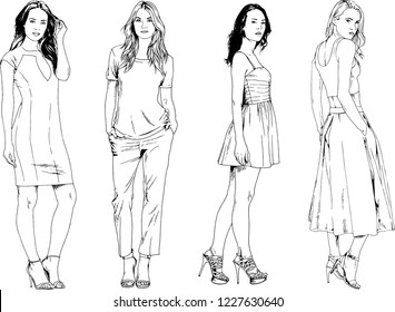 vector drawings on the theme of beautiful slim sporty girl in casual clothes in various poses painted ink hand sketch with no background