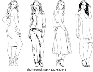 vector drawings on the theme of beautiful slim sporty girl in casual clothes in various poses painted ink hand sketch with no background