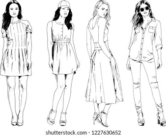 vector drawings on the theme of beautiful slim sporty girl in casual clothes in various poses painted ink hand sketch with no background