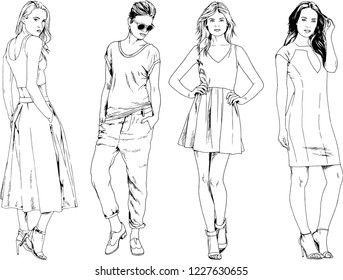 vector drawings on the theme of beautiful slim sporty girl in casual clothes in various poses painted ink hand sketch with no background