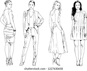 vector drawings on the theme of beautiful slim sporty girl in casual clothes in various poses painted ink hand sketch with no background