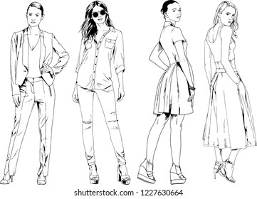 vector drawings on the theme of beautiful slim sporty girl in casual clothes in various poses painted ink hand sketch with no background