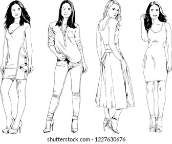 vector drawings on the theme of beautiful slim sporty girl in casual clothes in various poses painted ink hand sketch with no background