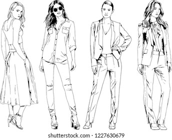vector drawings on the theme of beautiful slim sporty girl in casual clothes in various poses painted ink hand sketch with no background