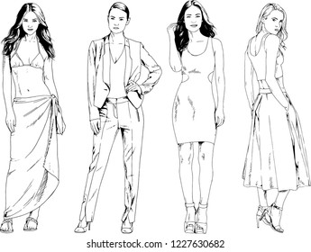 vector drawings on the theme of beautiful slim sporty girl in casual clothes in various poses painted ink hand sketch with no background