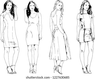 vector drawings on the theme of beautiful slim sporty girl in casual clothes in various poses painted ink hand sketch with no background