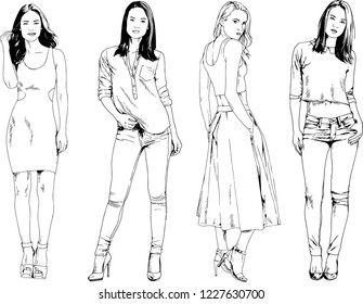 vector drawings on the theme of beautiful slim sporty girl in casual clothes in various poses painted ink hand sketch with no background