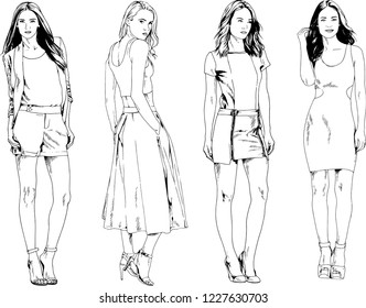 vector drawings on the theme of beautiful slim sporty girl in casual clothes in various poses painted ink hand sketch with no background