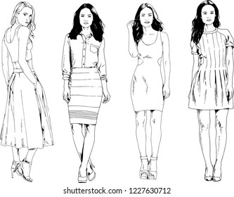 vector drawings on the theme of beautiful slim sporty girl in casual clothes in various poses painted ink hand sketch with no background