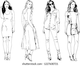 vector drawings on the theme of beautiful slim sporty girl in casual clothes in various poses painted ink hand sketch with no background