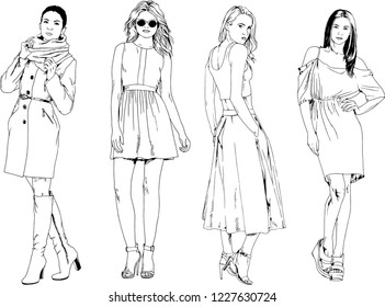 vector drawings on the theme of beautiful slim sporty girl in casual clothes in various poses painted ink hand sketch with no background