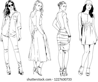 vector drawings on the theme of beautiful slim sporty girl in casual clothes in various poses painted ink hand sketch with no background