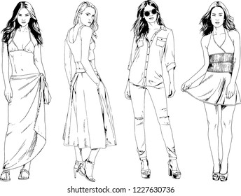 vector drawings on the theme of beautiful slim sporty girl in casual clothes in various poses painted ink hand sketch with no background