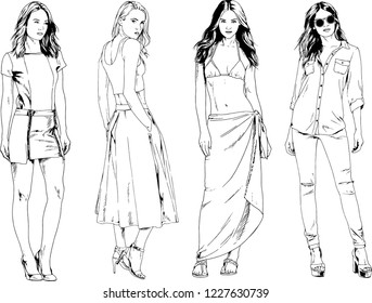 vector drawings on the theme of beautiful slim sporty girl in casual clothes in various poses painted ink hand sketch with no background