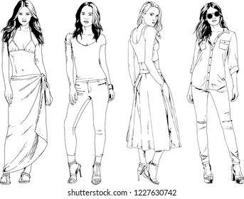 vector drawings on the theme of beautiful slim sporty girl in casual clothes in various poses painted ink hand sketch with no background