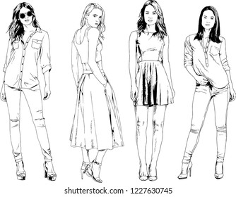 vector drawings on the theme of beautiful slim sporty girl in casual clothes in various poses painted ink hand sketch with no background