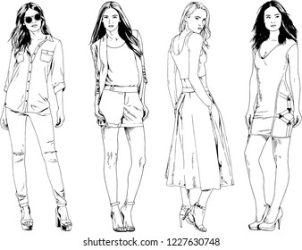 vector drawings on the theme of beautiful slim sporty girl in casual clothes in various poses painted ink hand sketch with no background