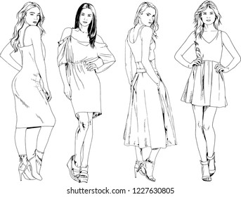 vector drawings on the theme of beautiful slim sporty girl in casual clothes in various poses painted ink hand sketch with no background