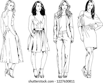 vector drawings on the theme of beautiful slim sporty girl in casual clothes in various poses painted ink hand sketch with no background