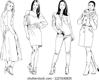 vector drawings on the theme of beautiful slim sporty girl in casual clothes in various poses painted ink hand sketch with no background