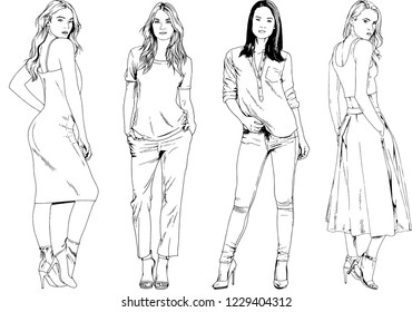 vector drawings on the theme of beautiful slim sporty girl in casual clothes in various poses painted ink hand sketch with no background