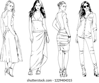 vector drawings on the theme of beautiful slim sporty girl in casual clothes in various poses painted ink hand sketch with no background