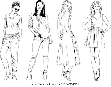vector drawings on the theme of beautiful slim sporty girl in casual clothes in various poses painted ink hand sketch with no background
