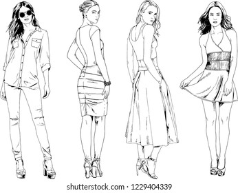 vector drawings on the theme of beautiful slim sporty girl in casual clothes in various poses painted ink hand sketch with no background
