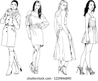 vector drawings on the theme of beautiful slim sporty girl in casual clothes in various poses painted ink hand sketch with no background